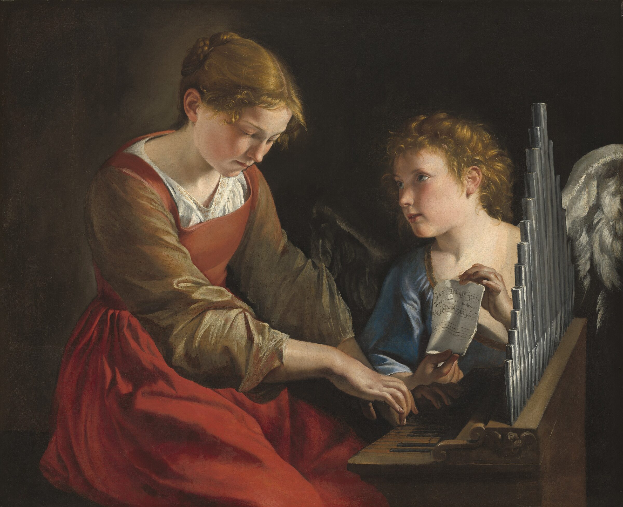 Saint Cecilia, in a red dress, plays a small pipe organ while a curly-haired angel holds the music for her.